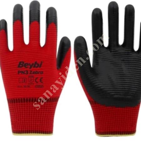 BEYBI PN3 ZEBRA POLY LINED NITRILE GLOVE RED-BLACK NO:10, Work Gloves