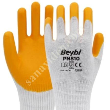 BEYBI PN5 POLY LINED NITRILE YELLOW-WHITE GLOVE NO:10, Work Gloves